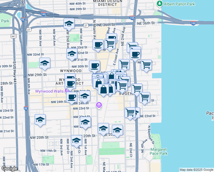 map of restaurants, bars, coffee shops, grocery stores, and more near 100 Northeast 26th Street in Miami