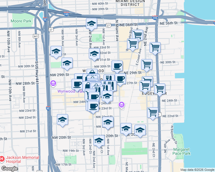 map of restaurants, bars, coffee shops, grocery stores, and more near 108 Northwest 26th Street in Miami