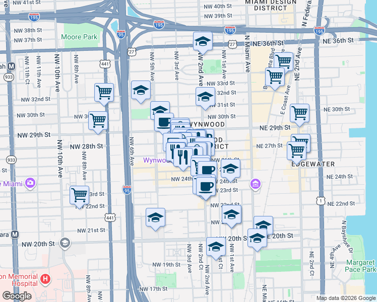 map of restaurants, bars, coffee shops, grocery stores, and more near in Miami