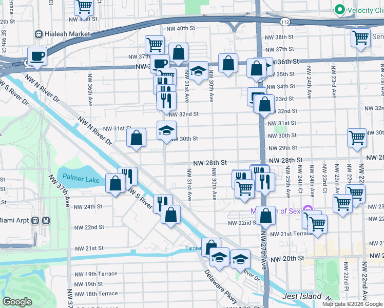 map of restaurants, bars, coffee shops, grocery stores, and more near 3075 Northwest 28th Street in Miami