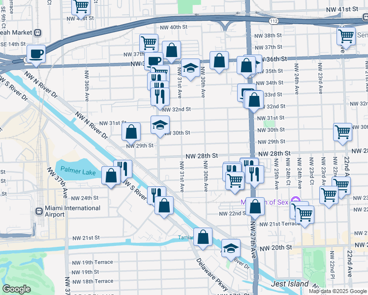 map of restaurants, bars, coffee shops, grocery stores, and more near 3075 Northwest 28th Street in Miami