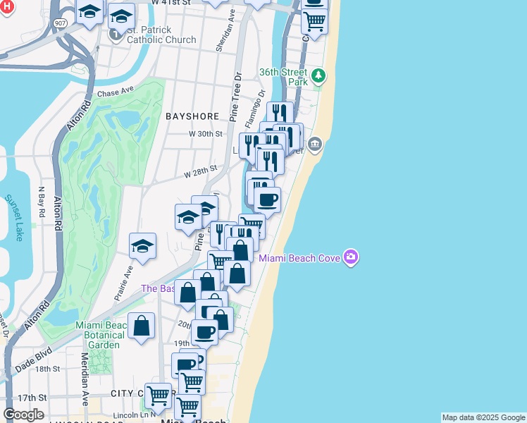 map of restaurants, bars, coffee shops, grocery stores, and more near 26th Street in Miami Beach