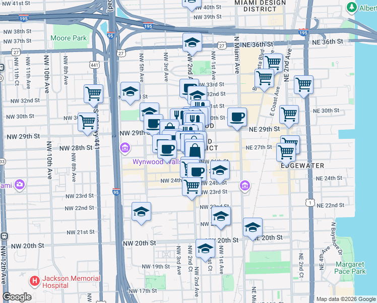 map of restaurants, bars, coffee shops, grocery stores, and more near 197 Northwest 28th Street in Miami