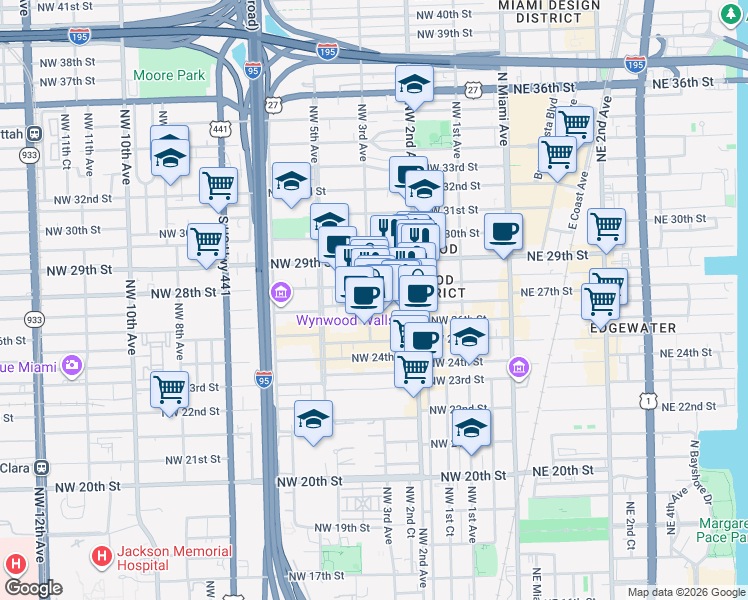 map of restaurants, bars, coffee shops, grocery stores, and more near 269 Northwest 27th Street in Miami