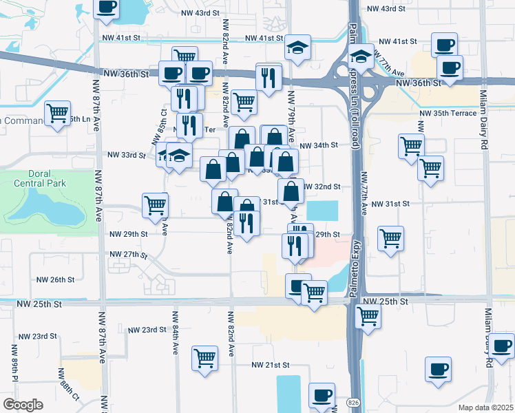 map of restaurants, bars, coffee shops, grocery stores, and more near 8081 NW 31st St in Doral
