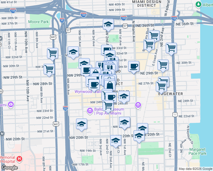 map of restaurants, bars, coffee shops, grocery stores, and more near 197 Northwest 28th Street in Miami