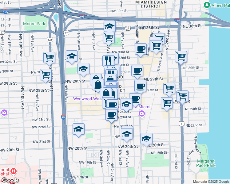 map of restaurants, bars, coffee shops, grocery stores, and more near 197 Northwest 28th Street in Miami