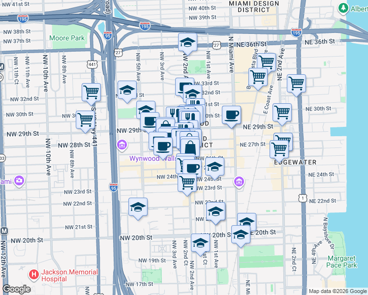 map of restaurants, bars, coffee shops, grocery stores, and more near 2700 Northwest 2nd Avenue in Miami