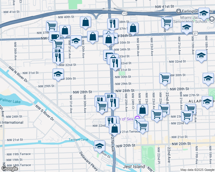 map of restaurants, bars, coffee shops, grocery stores, and more near 2741 Northwest 29th Street in Miami