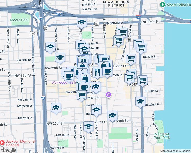 map of restaurants, bars, coffee shops, grocery stores, and more near 97 Northwest 27th Street in Miami