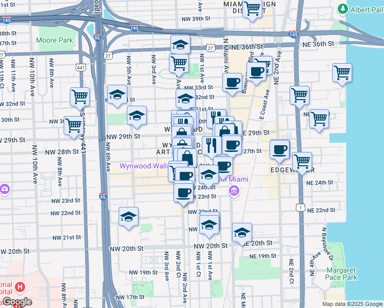 map of restaurants, bars, coffee shops, grocery stores, and more near 151 Northwest 27th Street in Miami