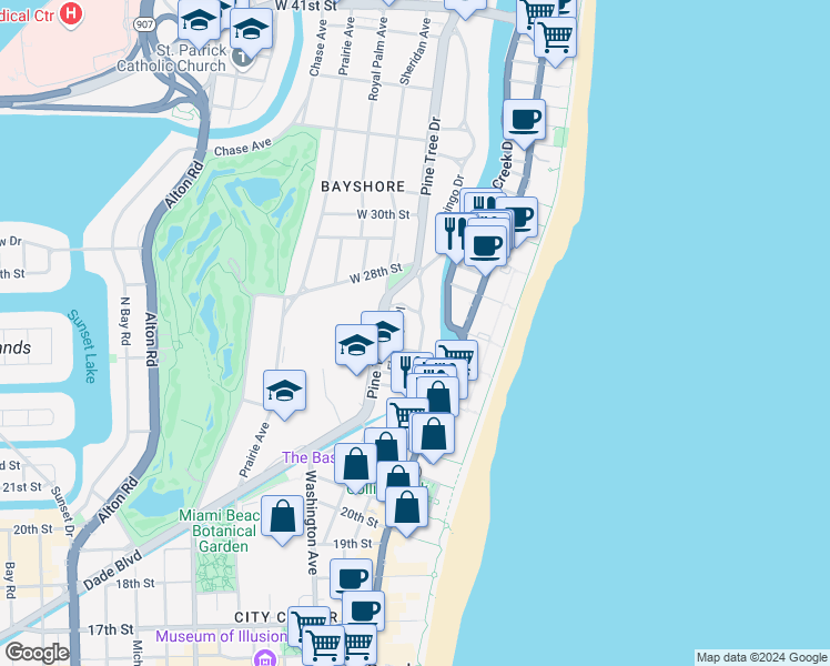 map of restaurants, bars, coffee shops, grocery stores, and more near 320 West 26th Street in Miami Beach