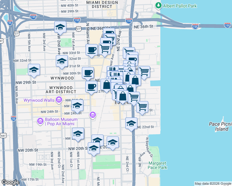 map of restaurants, bars, coffee shops, grocery stores, and more near 161 Northeast 27th Street in Miami