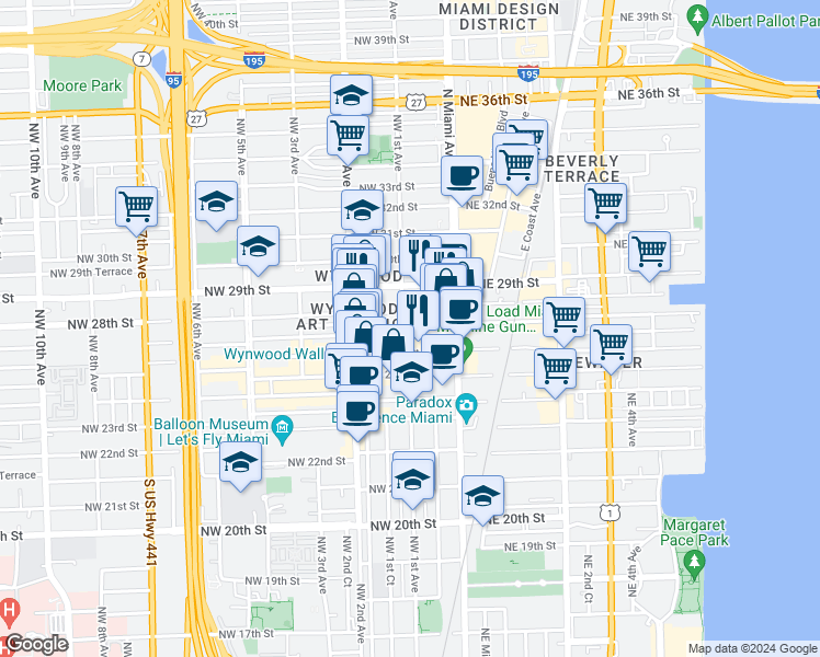 map of restaurants, bars, coffee shops, grocery stores, and more near 111 Northwest 28th Street in Miami