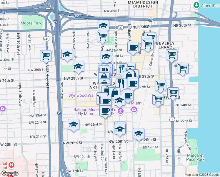 map of restaurants, bars, coffee shops, grocery stores, and more near 111 Northwest 28th Street in Miami