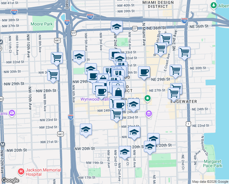 map of restaurants, bars, coffee shops, grocery stores, and more near 197 Northwest 28th Street in Miami