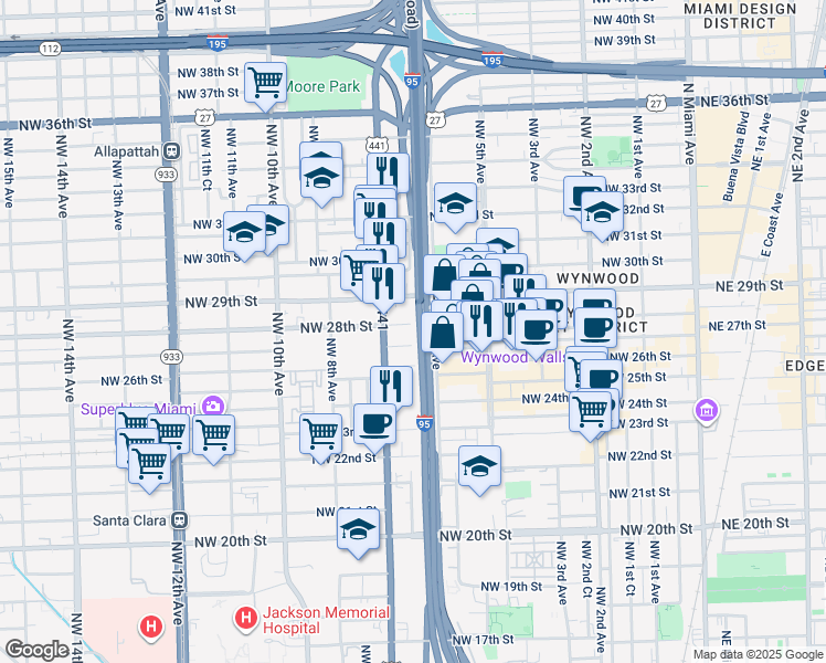 map of restaurants, bars, coffee shops, grocery stores, and more near 661 Northwest 28th Street in Miami