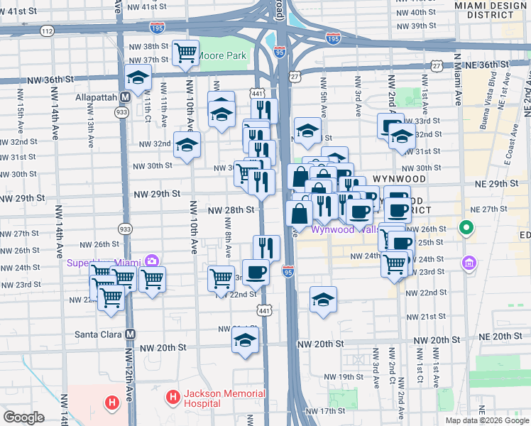 map of restaurants, bars, coffee shops, grocery stores, and more near 661 Northwest 28th Street in Miami