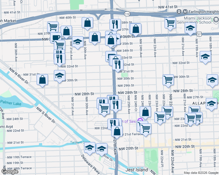 map of restaurants, bars, coffee shops, grocery stores, and more near 2741 Northwest 29th Street in Miami