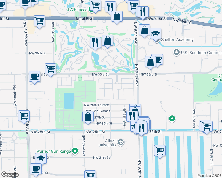 map of restaurants, bars, coffee shops, grocery stores, and more near 9808 Northwest 31st Street in Doral
