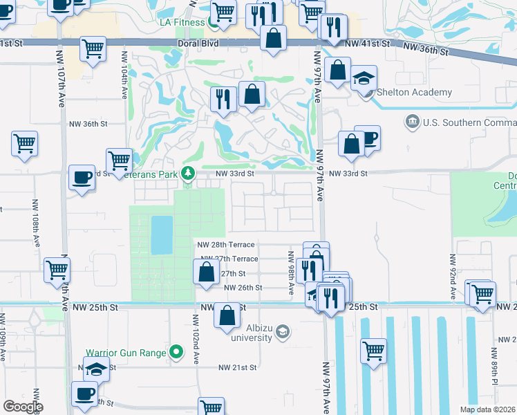 map of restaurants, bars, coffee shops, grocery stores, and more near 9808 Northwest 31st Street in Doral