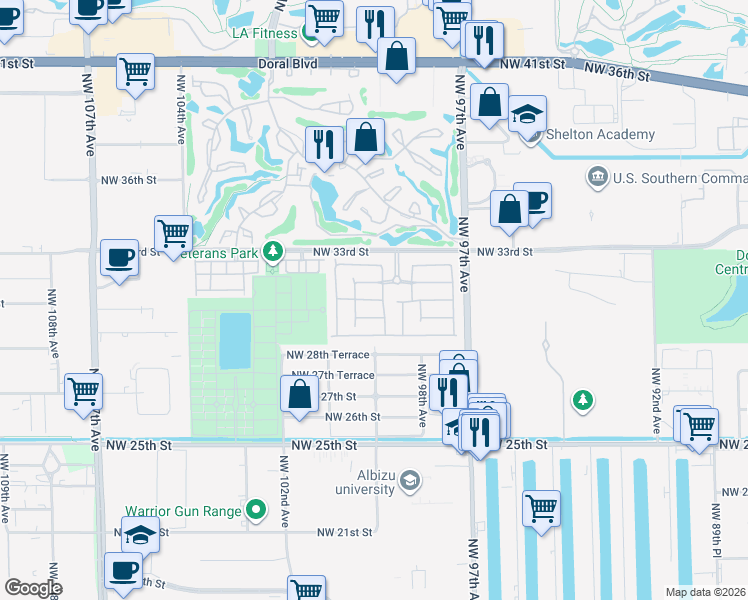 map of restaurants, bars, coffee shops, grocery stores, and more near 9808 Northwest 31st Street in Doral