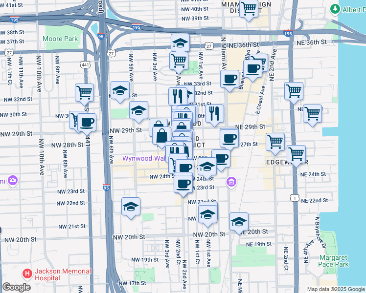 map of restaurants, bars, coffee shops, grocery stores, and more near 197 Northwest 28th Street in Miami