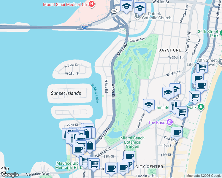 map of restaurants, bars, coffee shops, grocery stores, and more near 2383 North Bay Road in Miami Beach