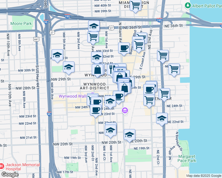map of restaurants, bars, coffee shops, grocery stores, and more near 46 Northwest 28th Street in Miami