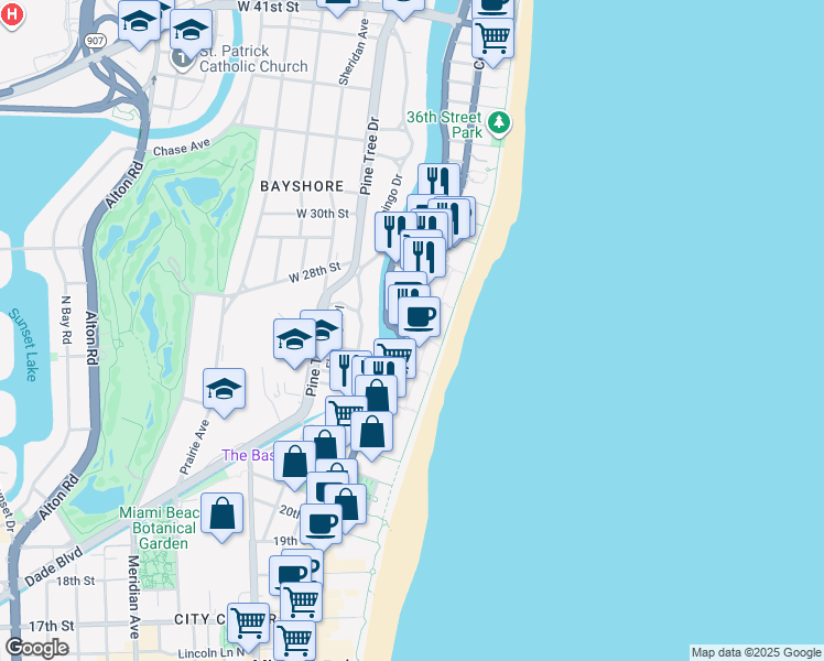 map of restaurants, bars, coffee shops, grocery stores, and more near in Miami Beach