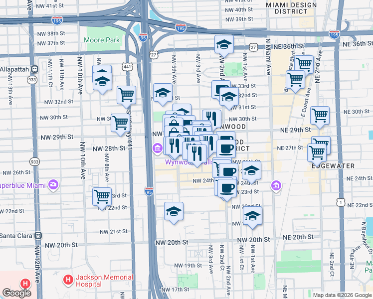 map of restaurants, bars, coffee shops, grocery stores, and more near 328 Northwest 29th Street in Miami