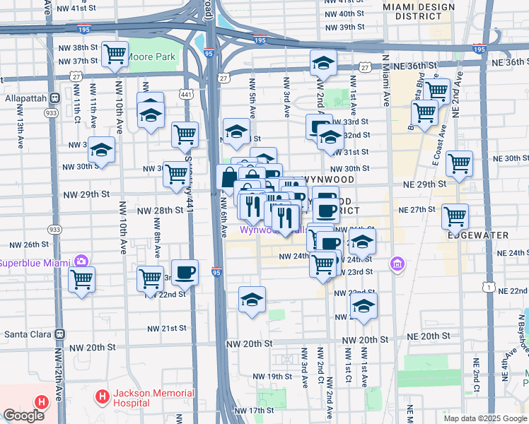 map of restaurants, bars, coffee shops, grocery stores, and more near 2800 Northwest 5 Avenue in Miami