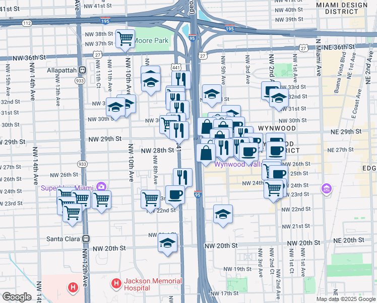 map of restaurants, bars, coffee shops, grocery stores, and more near 661 Northwest 28th Street in Miami