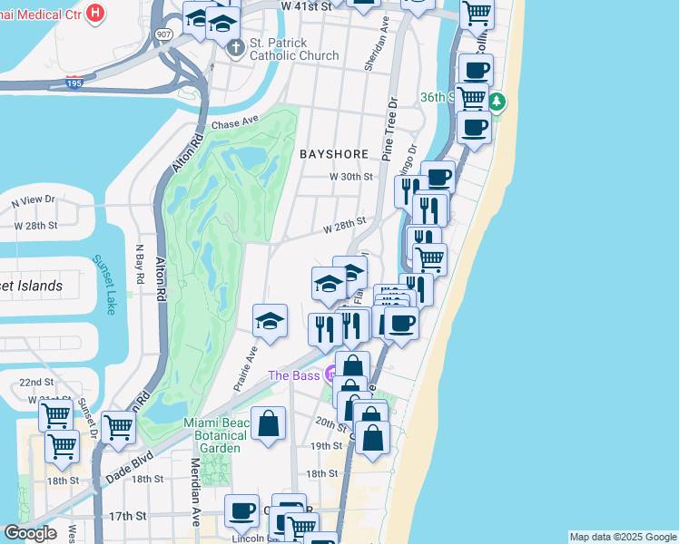 map of restaurants, bars, coffee shops, grocery stores, and more near 2480 Pine Tree Drive in Miami Beach