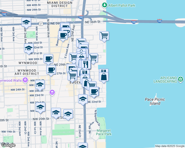 map of restaurants, bars, coffee shops, grocery stores, and more near 511 Northeast 27th Street in Miami