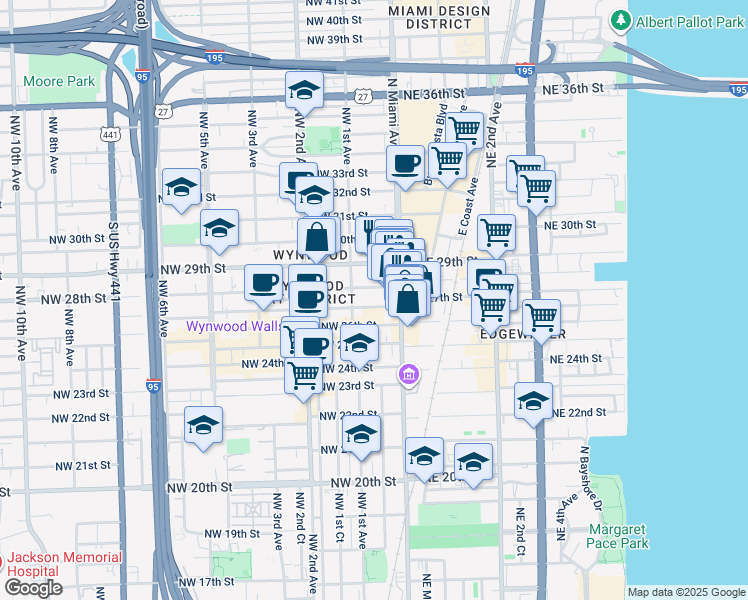 map of restaurants, bars, coffee shops, grocery stores, and more near 46 Northwest 28th Street in Miami