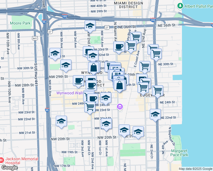 map of restaurants, bars, coffee shops, grocery stores, and more near 46 Northwest 28th Street in Miami