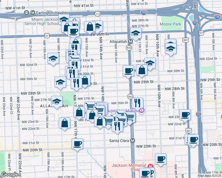 map of restaurants, bars, coffee shops, grocery stores, and more near 1352 Northwest 29th Street in Miami