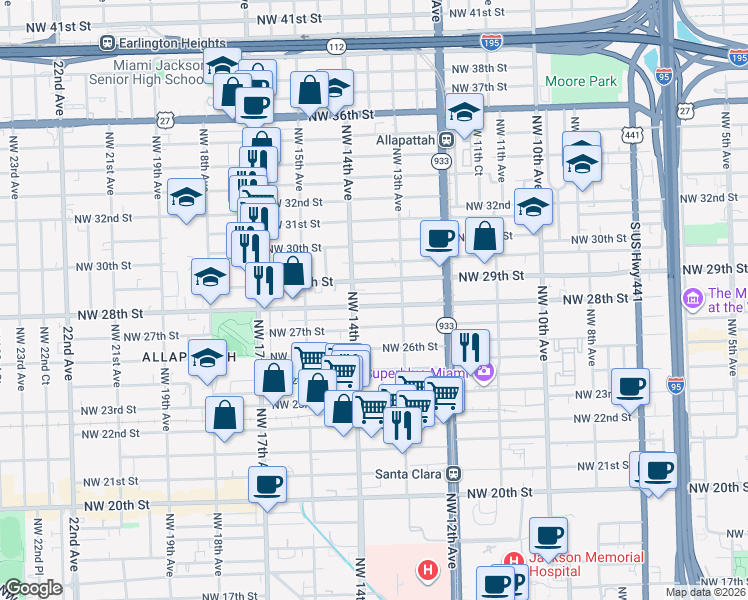 map of restaurants, bars, coffee shops, grocery stores, and more near 1352 Northwest 29th Street in Miami