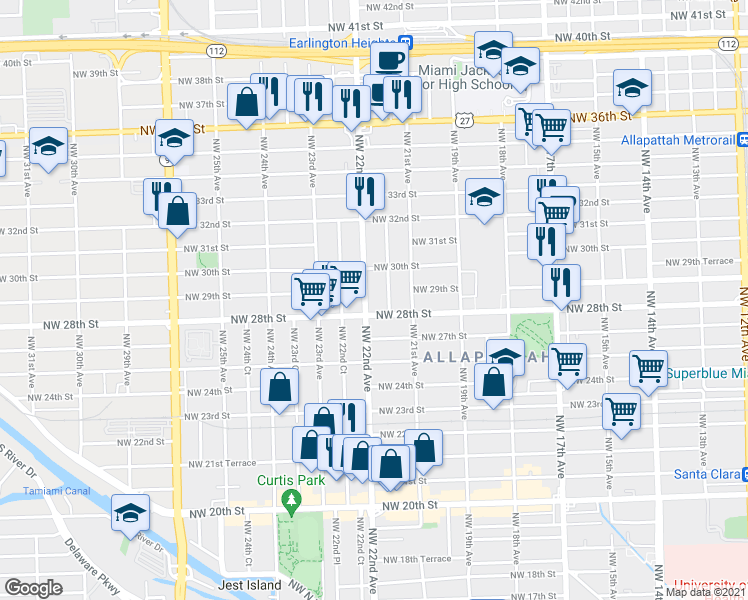 map of restaurants, bars, coffee shops, grocery stores, and more near 2900 Northwest 22nd Avenue in Miami