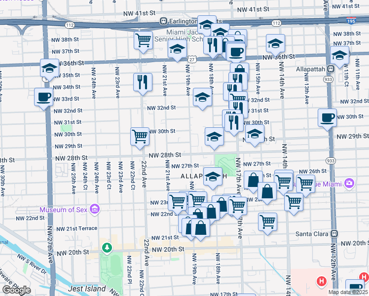map of restaurants, bars, coffee shops, grocery stores, and more near 2891 Northwest 19th Avenue in Miami