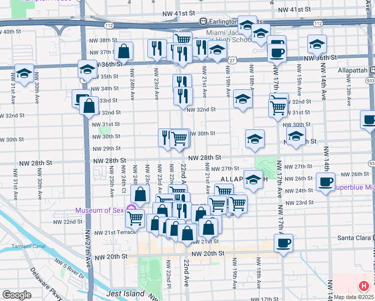 map of restaurants, bars, coffee shops, grocery stores, and more near 2900 Northwest 22nd Avenue in Miami