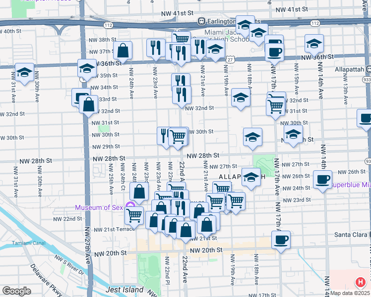 map of restaurants, bars, coffee shops, grocery stores, and more near 2835 Northwest 22nd Avenue in Miami