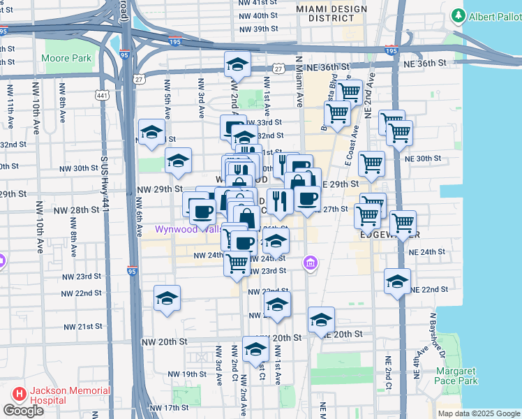 map of restaurants, bars, coffee shops, grocery stores, and more near 111 Northwest 28th Street in Miami