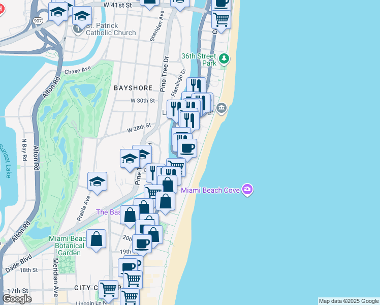 map of restaurants, bars, coffee shops, grocery stores, and more near in Miami Beach