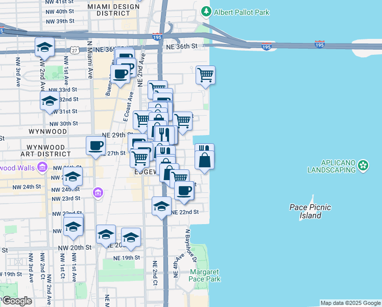 map of restaurants, bars, coffee shops, grocery stores, and more near 511 Northeast 27th Street in Miami
