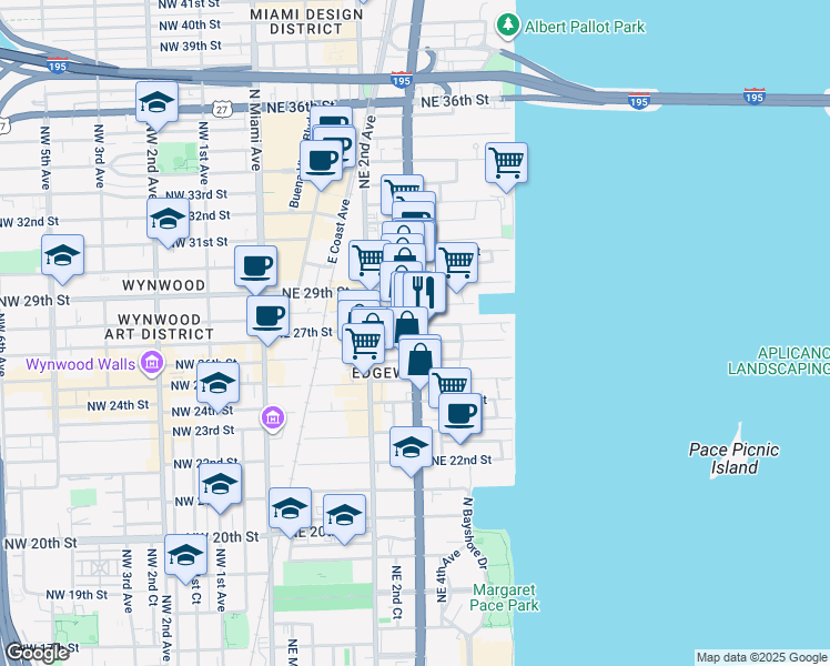 map of restaurants, bars, coffee shops, grocery stores, and more near 333 Northeast 27th Street in Miami