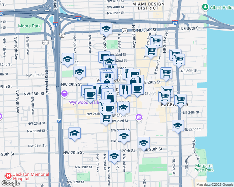 map of restaurants, bars, coffee shops, grocery stores, and more near 111 Northwest 28th Street in Miami