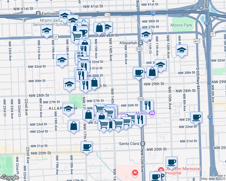 map of restaurants, bars, coffee shops, grocery stores, and more near 1406 Northwest 29th Street in Miami