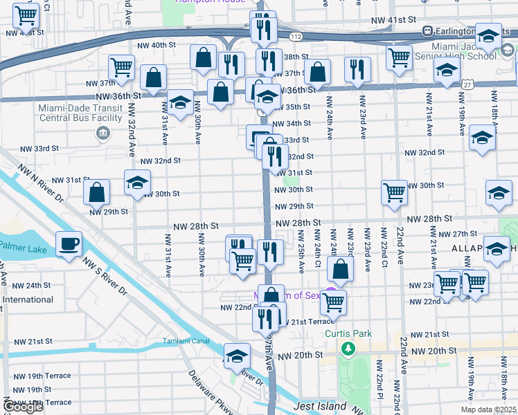 map of restaurants, bars, coffee shops, grocery stores, and more near 2741 Northwest 29th Street in Miami
